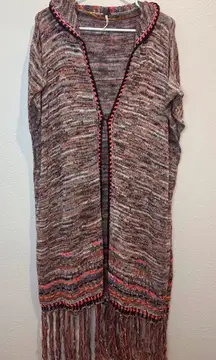 Free People Jungle Heat Hooded Multi Color‎ Boho Fringe Long Cardigan Size XS