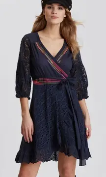 Odd Molly Anthropologie Eyelet Embroidered Mini Wrap Two Step Flow Dress Sz‎ S