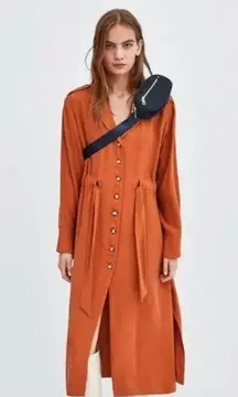 ZARA  PAPRIKA LONG SLEEVE BUTTON UP COLLARED SHIRT MIDI DRESS BELTED SIZE SMALL