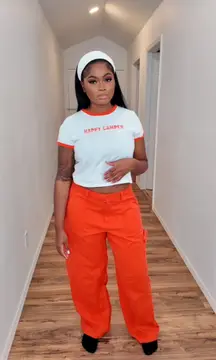 Women’s “Happy Camper” Cargo Pants Lounge Set Orange and White SZ L