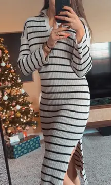 Women's Stripes Maxi Dress Casual Long Sleeve Lapel V Neck Loose Knitt / Small