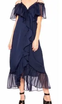 Tayla Navy Ruffle Off The Shoulder Midi Wrap Dress