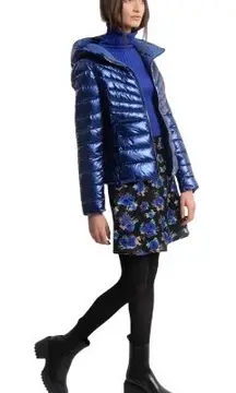 Molly Bracken Blue Iridescent Shiny Hooded Quilted Full Zip Puffer Jacket Size L