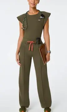 Figs High Waisted Alexandria Wide Leg Scrub Pants in Spruce, Size Small