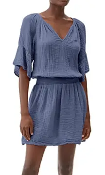 Michael Stars Katelyn Peasant Mini Dress In Lake Gauze Smocked Waist Size Large