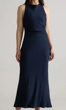 Quince Dress Womens Small High Neck Navy Blue Washable Silk Midi Sleeveless