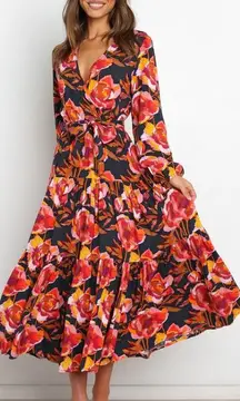 Petal + Pup Balsa Floral Tiered Long Sleeve Belted Maxi Dress Navy Blue