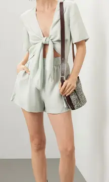 Thakoon‎ Mint Green Romper Women’s Size 10 Linen Blend Tie Front Elastic Waist