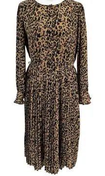 J.Crew Leopard Animal Print Long Sleeve Pleated Midi Dress Ruffle Cuff size 2