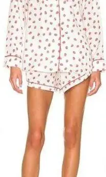 Plush Strawberry Faux Silk Pajama Set in White & Red‎