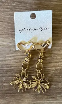 Free People Gold Dangle Earrings With Hearts and Flowers NWT