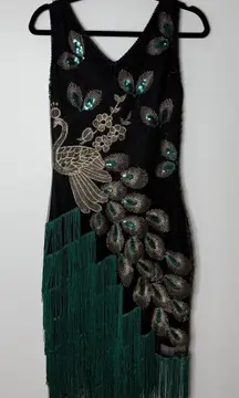 Black Beaded Sequin Embellished Green Gold Peacock Fringe Flapper Dress Holiday