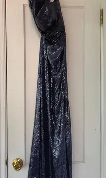 Sequined Navy Blue Formal Ball Gown One Shoulder Sleeve Slit Leg Size 2