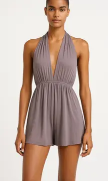 Lulus Purple Halter Plunge V Neck Sleeveless Open Back Romper Shorts Size L