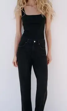 Zara Size 8 Black Straight Wide Leg Women's Denim Jeans Frayed Hem Bootcut