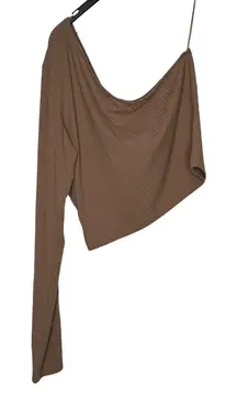 Gianni Bini Women's Top Rib‎ One Shoulder Long Sleeve Stretch Crop Brown XL NWT