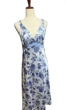 Morgan Taylor Intimates Blue Floral Midi Satin Slip Dress