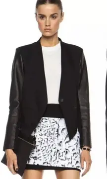 Helmut Lang Smoking Wool Leather Sleeve‎ Cropped Tuxedo Blazer Asymmetrical Sz 2