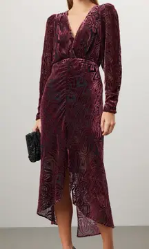 Ronny Kobo Wine Red Ruched Burnout Velvet Long Sleeve Midi Cocktail Dress 4