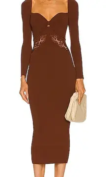 SELF-PORTRAIT Rib‎ Knit Lace Applique Long Sleeve Midi Bodycon Dress- NWT M