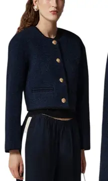 J. Crew Tweed Bomber Lady Jacket Wool Blend Navy Gold Button Size 14