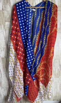 Janice Apparel Open Front Wrap Poncho Cover Up Polka Dot Chain Kimono Red Blue