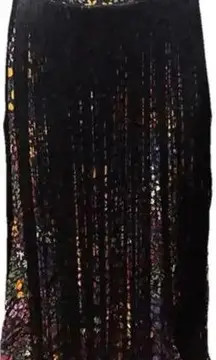 Farm Rio Hippie Boho Y2K Multicolor Floral Midi Skirt W/ Black Fringe