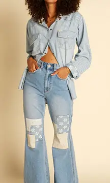 Wrangler x Billabong Womens Bell Bottom Jeans True Blue Patchwork Denim Size 31