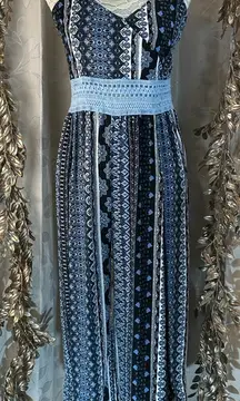No Boundaries Boho Maxi Jumpsuit Blue  Crochet Lace Junior Medium‎ Crinkle Crepe