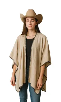 D & Co. Denim & Company tan herringbone open poncho cape.
