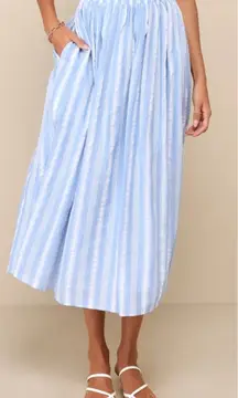 NWT Lulus Size Small Cheerful Season Blue Striped Midi Skirt Pockets 100% Cotton