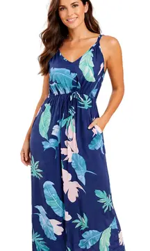 HUSKARYL Tropical Print Maxi Dress Sleeveless Pockets Size L