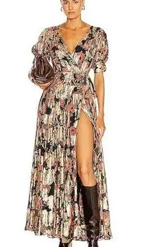 [Hemant & Nandita] Sion Maxi Wrap Dress Metallic Gold Puff Sleeves V-Neck Sz XS