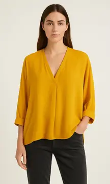 ZARA Mustard Yellow Blouse Women's Large Draped V-Neck Hi-Low‎ Hem Relaxed