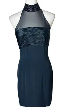 Black Tie Oleg Cassini Holiday Cocktail Dress 8 | Beaded Mesh Retro Glam LBD