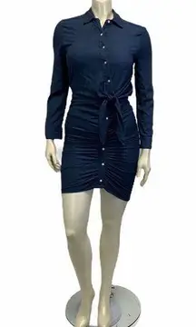 Allison Joy Blue Asymmetric Button Up Design Tie Waist Long Sleeve Dress