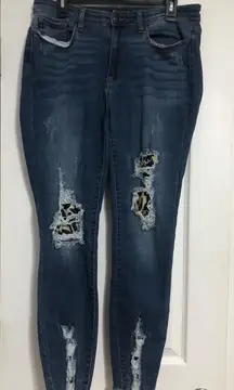 Judy blue leopard skinny jeans ripped Distressed Jeans with Frayed Hem‎ 82166