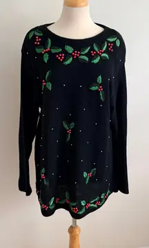 Christmas Holly Berry Beaded Holiday Sweater Size Lg Embroidered Knit
