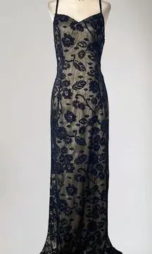 Early 2000's Romantic Goth Whimsygoth Floral Beaded Black Nude Prom Dress M / 8