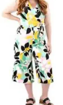 Nina Leonard Faux Wrap Jumpsuit Women Large Multicolor Floral V-Neck Tie Waist