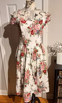 Chetta B Vintage 80s Cotton Floral Off-Shoulder Puff Sleeve Cottage sz 16 retro dress midi 