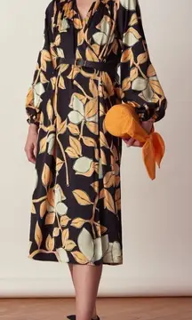 Stine Goya XS Sebia Wrap Lemon Leaf Print Oversized Midi Dress Multicolor