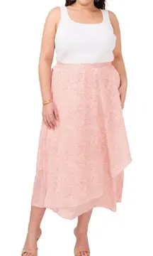 VINCE CAMUTO Pink Print Wrap Front Midi Skirt Ruffle‎ Chiffon SIze 20W New