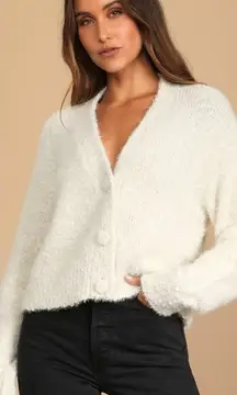 LULU’S Keep Me Bundled Cream Fuzzy Knit Cardigan