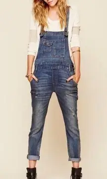 Free People  Distressed Denim Skinny Overalls