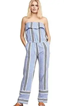 Lemlem Kesiti Strapless Jumpsuit blue print ruffle top sz small