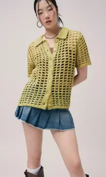 BDG Osaka Green Crochet Knit Button Up Collared Shirt Top Short Sleeve Oversized