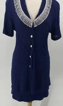 Vintage 2 Piece Skirt Set Crochet Knit Lace Trim Button Front Navy Blue XS/Small