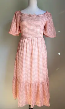 Peach cream Checkered Off-Shoulder Maxi Dress cottage core‎ boho medium