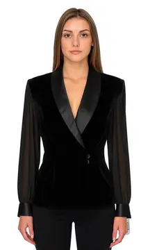 Alex Evenings Blazer Women's Size Large Velvet Velour Sheer Sleeves Black NEW